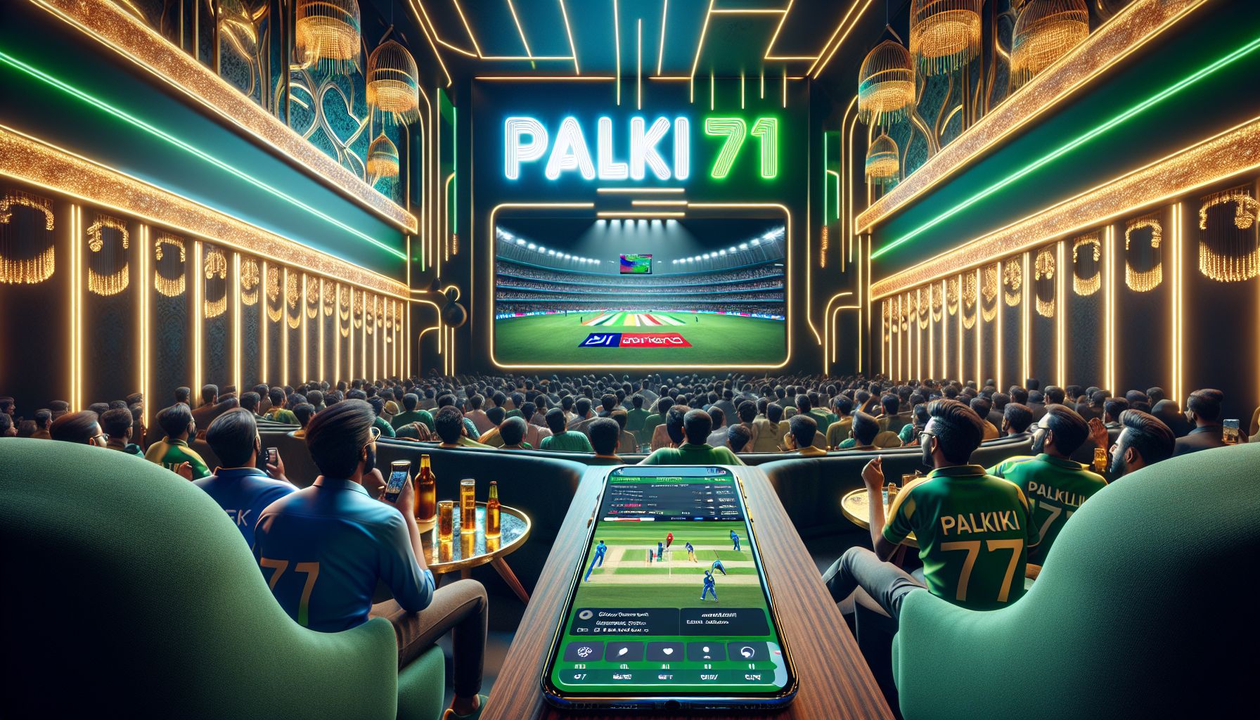 Crowd-charged cricket scene under bright floodlights capturing the energy of sports betting in Bangladesh