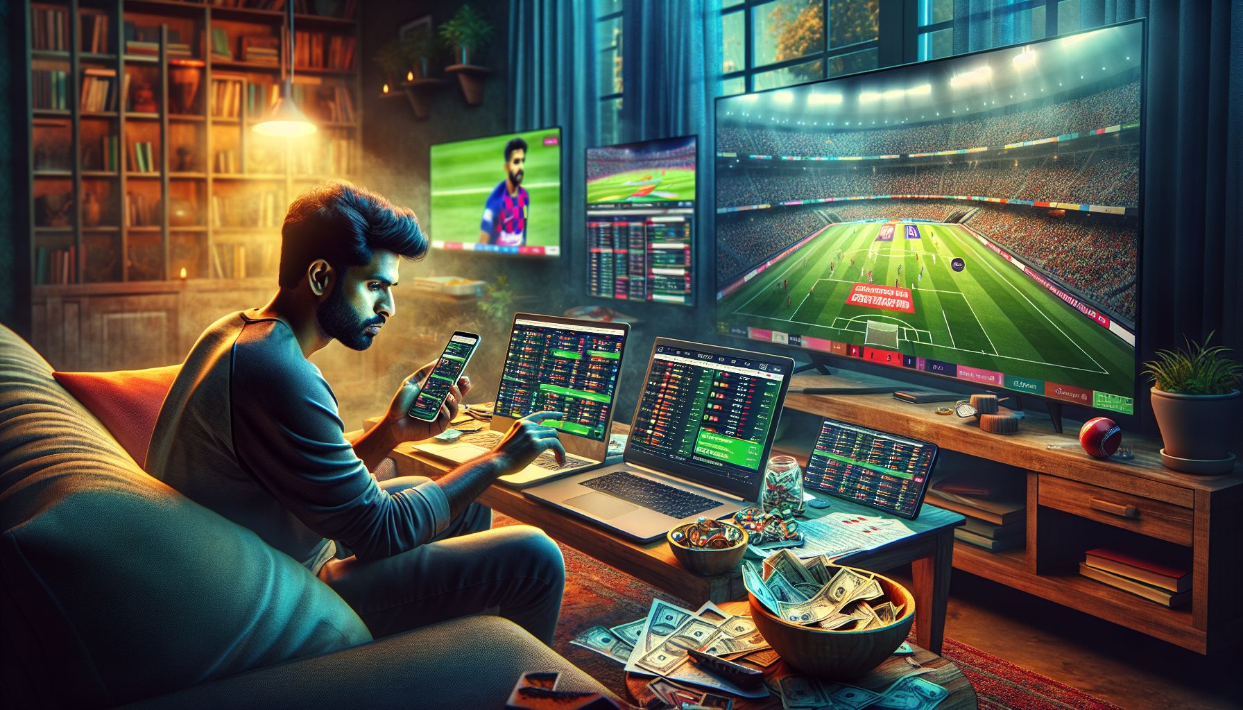Bangladeshi sports fan using phone and laptop to place live bets during an intense match