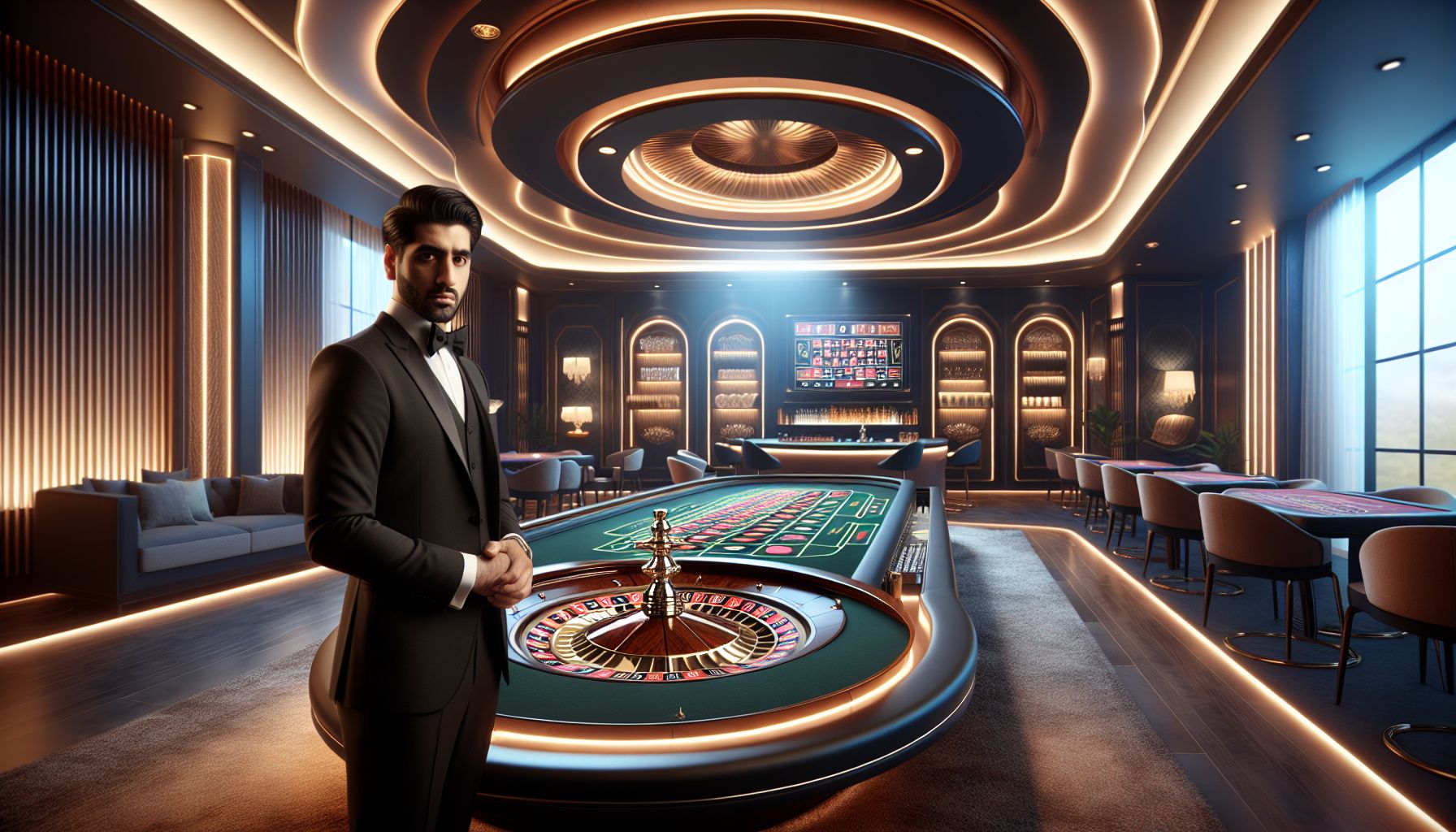 Modern live casino room with roulette table and polished gaming setup