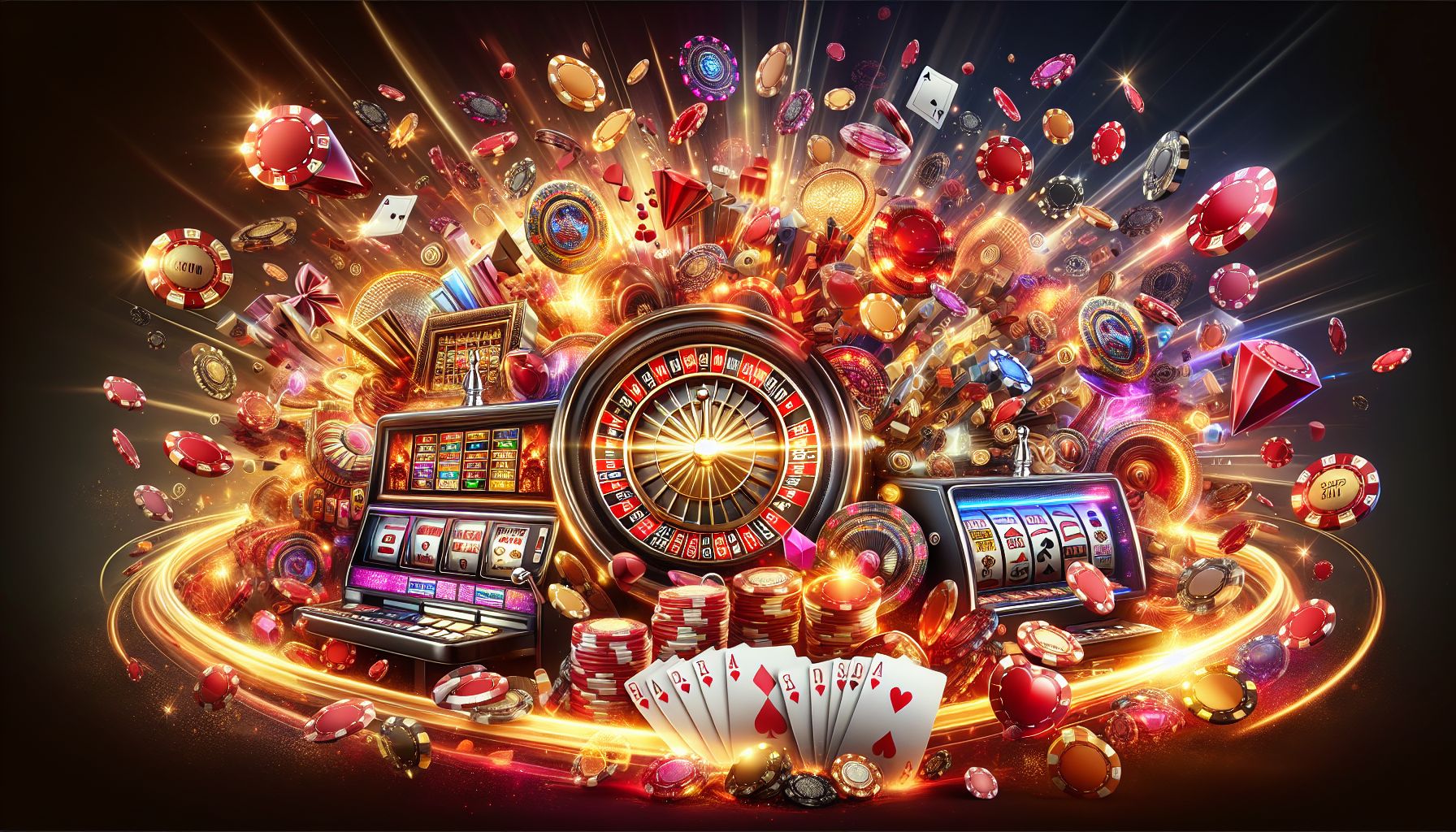 Bright casino-themed display showing slots, chips, and live gaming visuals