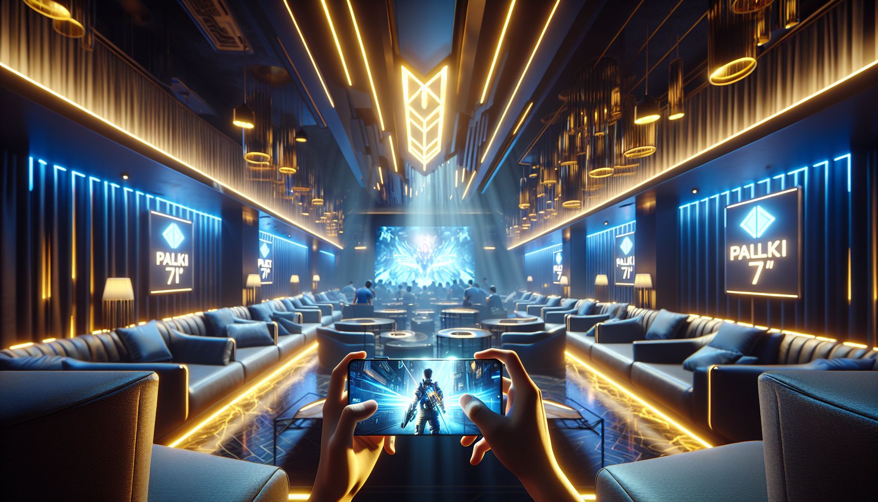 Modern gamer using a mobile device with glowing casino visuals and Palki71 themed digital lights in a stylish Bangladesh setting