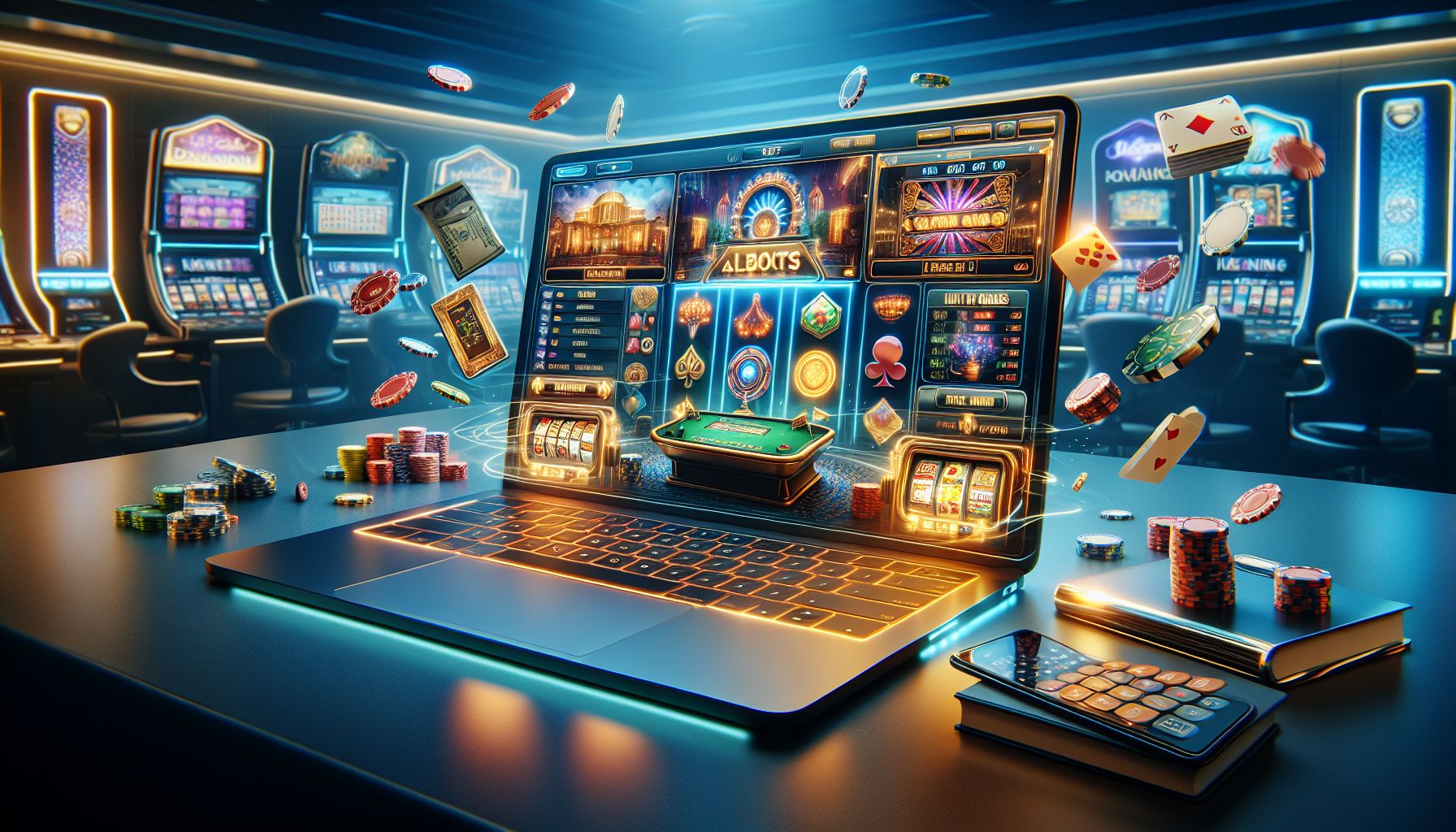 Laptop display showing colorful casino game tiles, bright reels and sleek interface details tailored for Bangladesh players