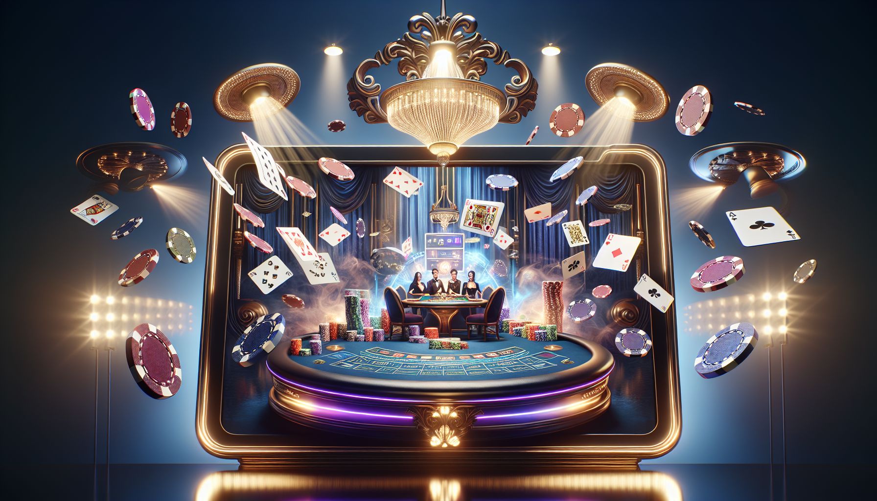 Confident player surrounded by floating cards, chips and luminous game icons in a premium digital casino environment