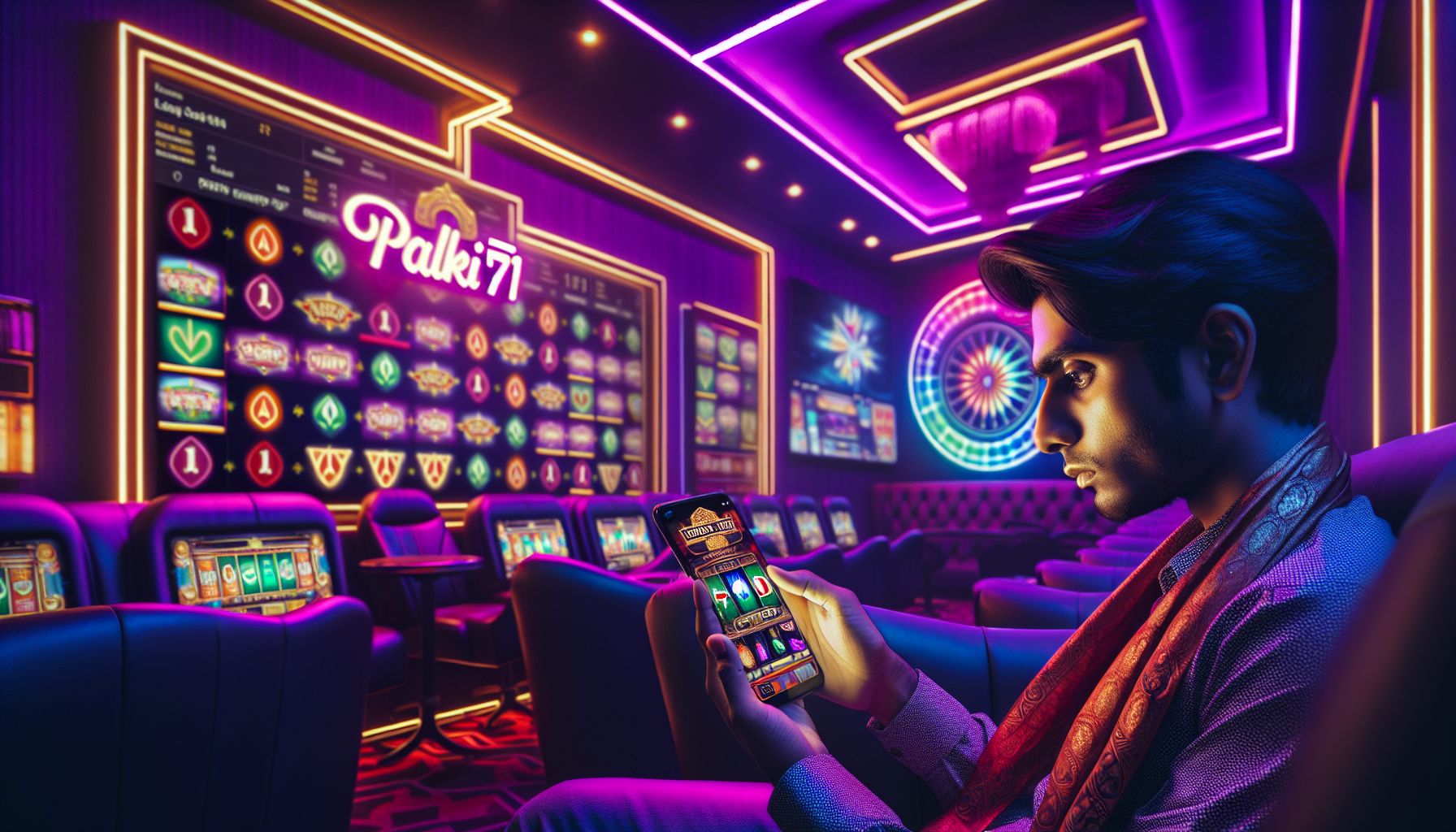 Bangladeshi player using a phone in a modern gaming setting with bright slot visuals from Palki71