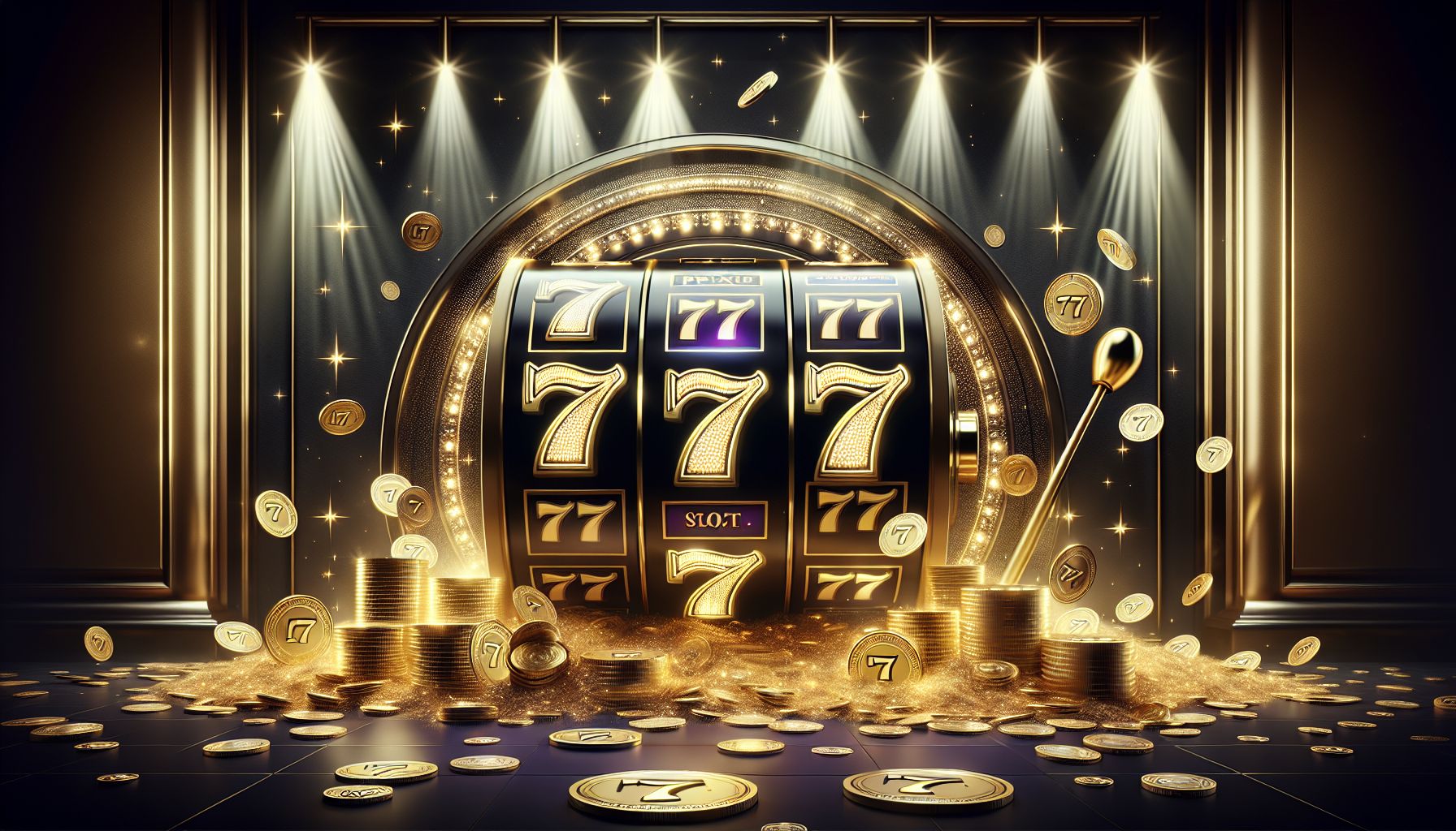 Luxury slot reel artwork with shining sevens, glowing accents, and coins in motion